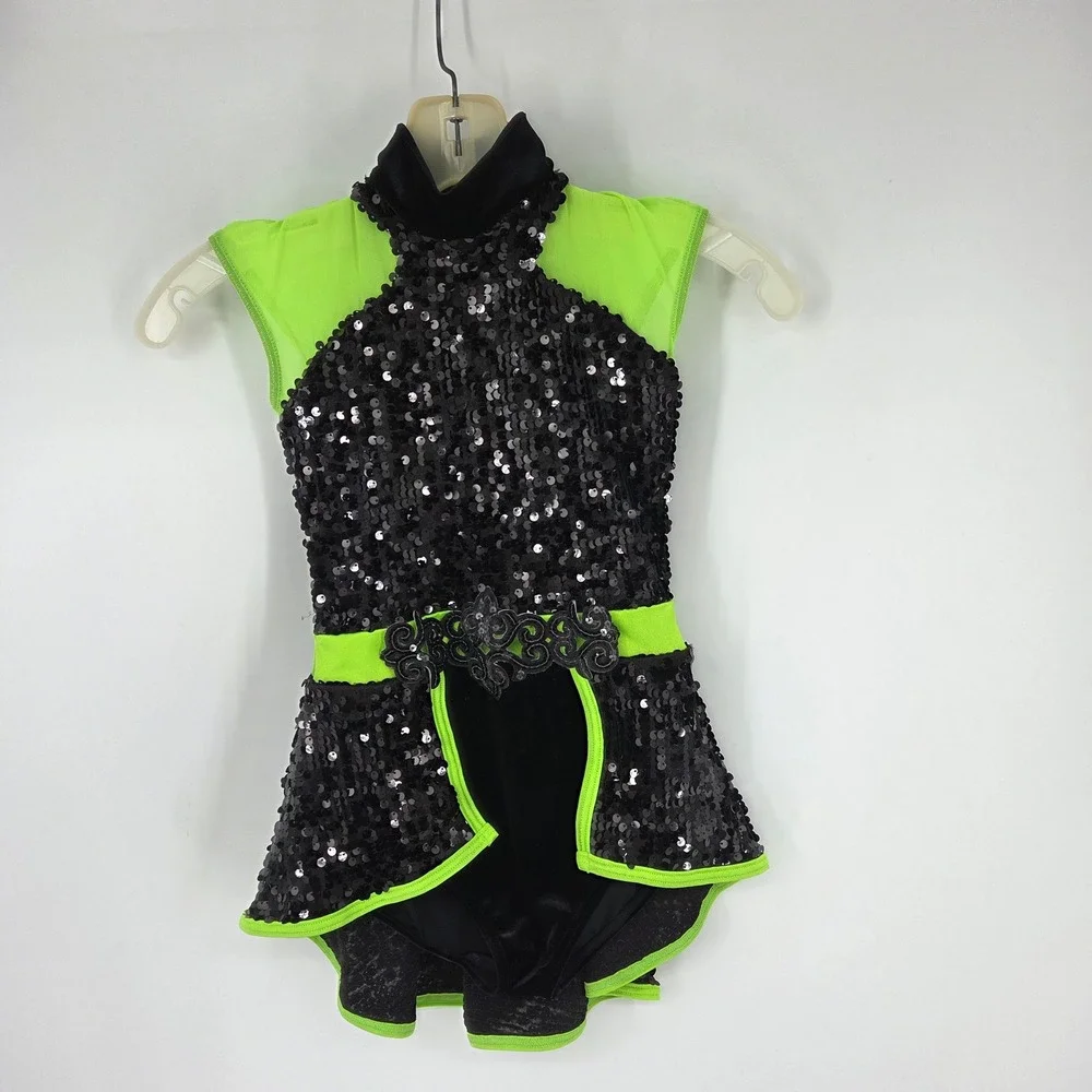 Weissman Black Neon Green Sequin Dance Costume Leotard Peplum MC Jazz Tap